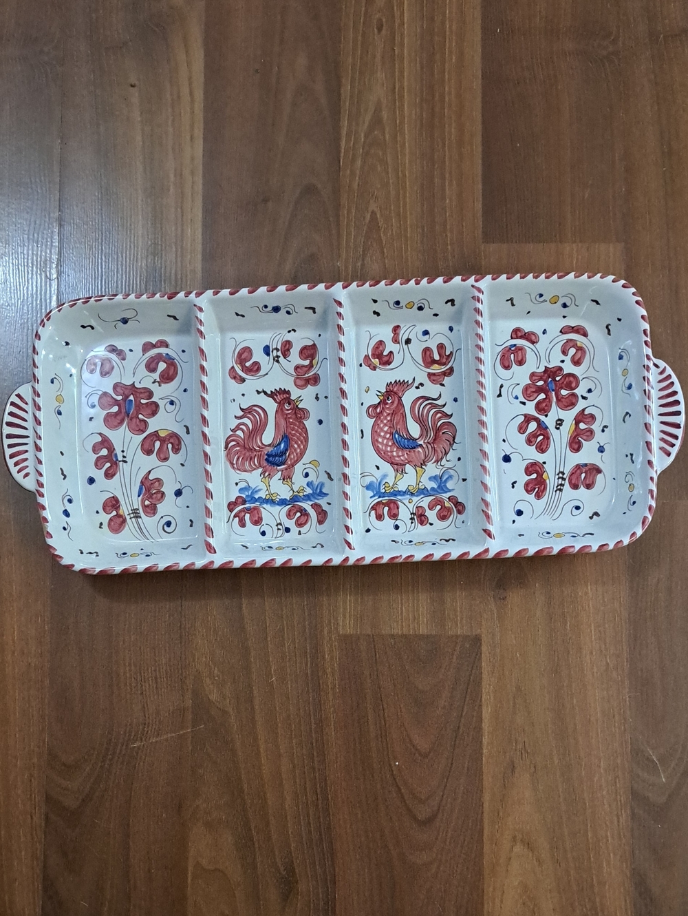 Vintage Deruta GARZIA Red Rooster Ceramic 4 PART SERVING TRAY